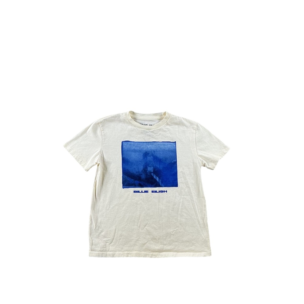 Billie Eilish Graphic T-Shirt Cream Blue Photo Print Small 100% Cotton Tee